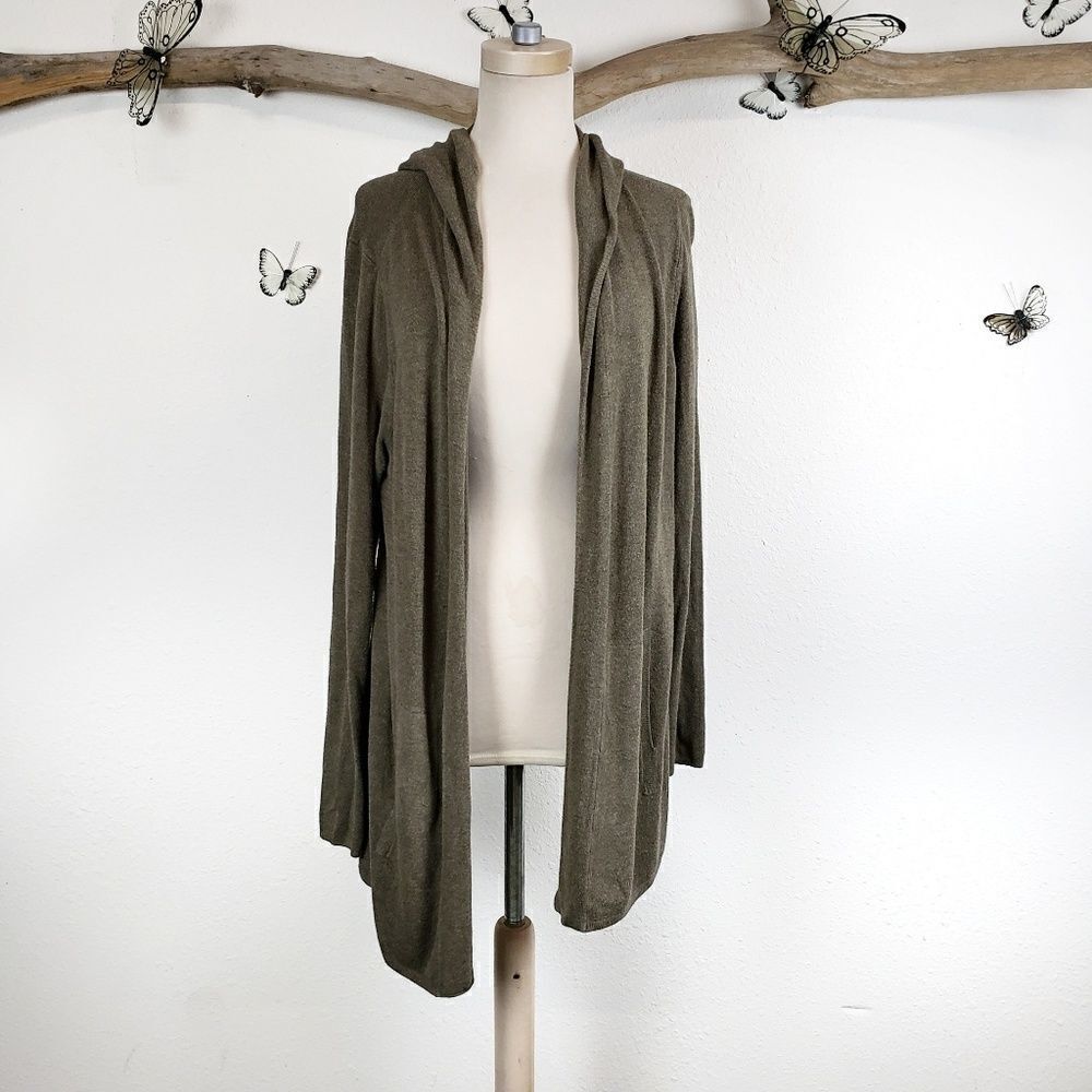 Eileen Fisher green open front hooded cardigan
